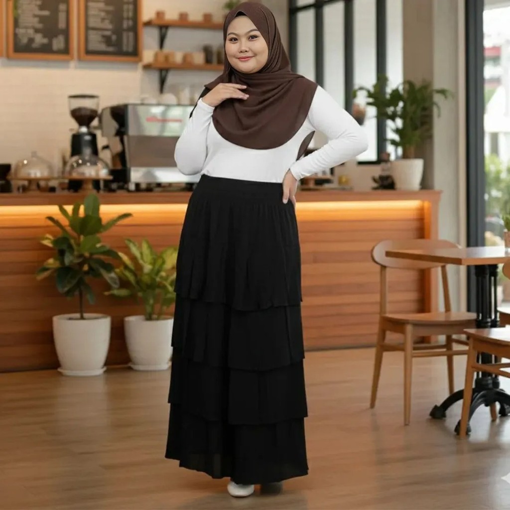 Rok Tumpuk Panjang Ruffle Rayon Karet Kerut Elegant