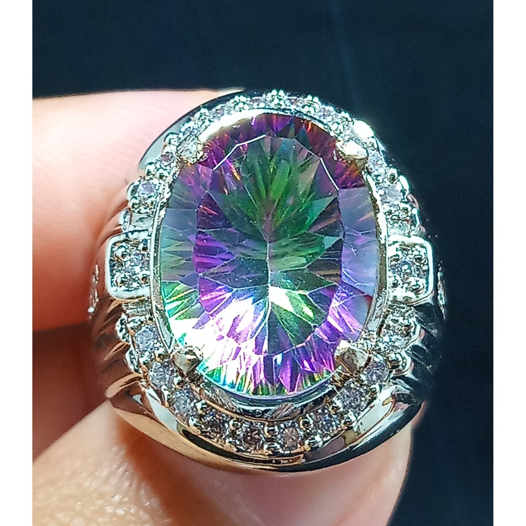Batu Permata MYSTIQ QUARTZ Natural Asli Kecubung Pelangi Ring Perak
