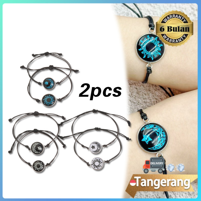 2pcs Gelang Couple Matahari Dan Bulan Retro Modis / Gelang Couple Sepasang Bercahaya