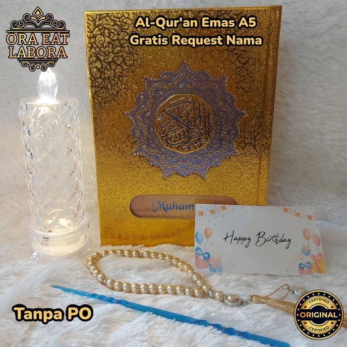 Al-Quran Cover Emas Gratis Custom Nama Terjemah dan Non Terjemah Ukuran A5 Free Kalam & Tasbih Mutia