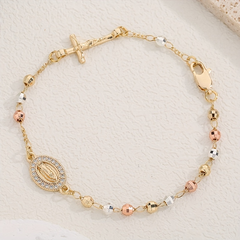 Vintage Cross Virgin Mary Rosary Beads Bracelet for Ladies Charming Fashion Religious Jewelry Access