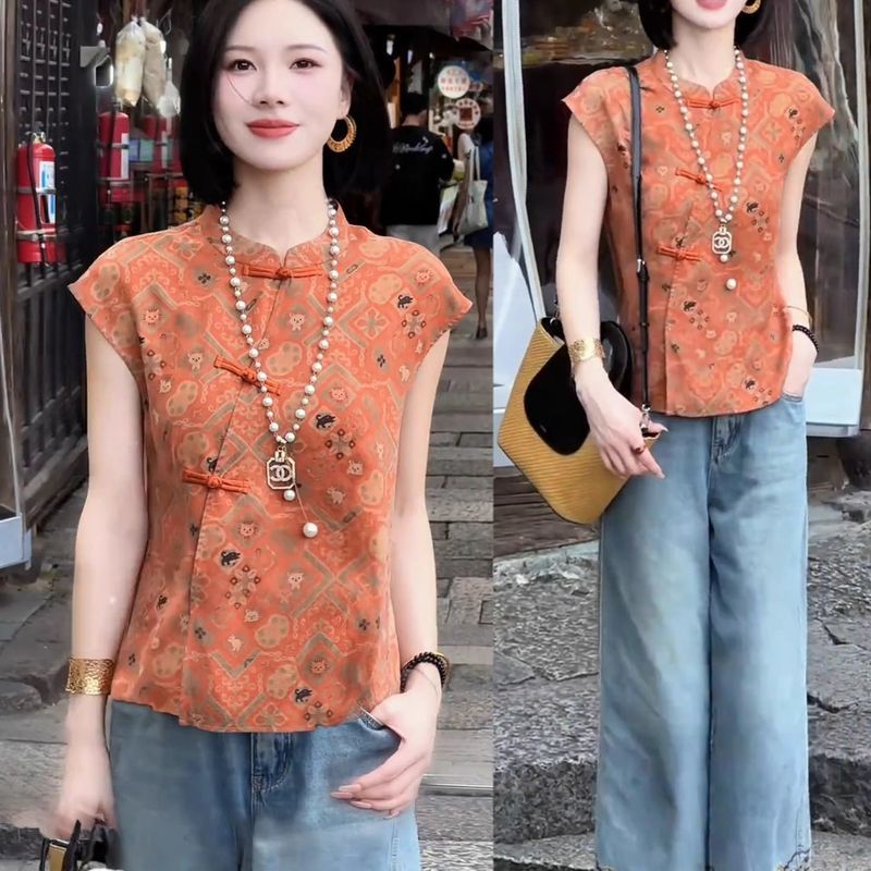 2026 Summer New Design Buttoned Printed Short-Sleeve Stand-Up Collar Top