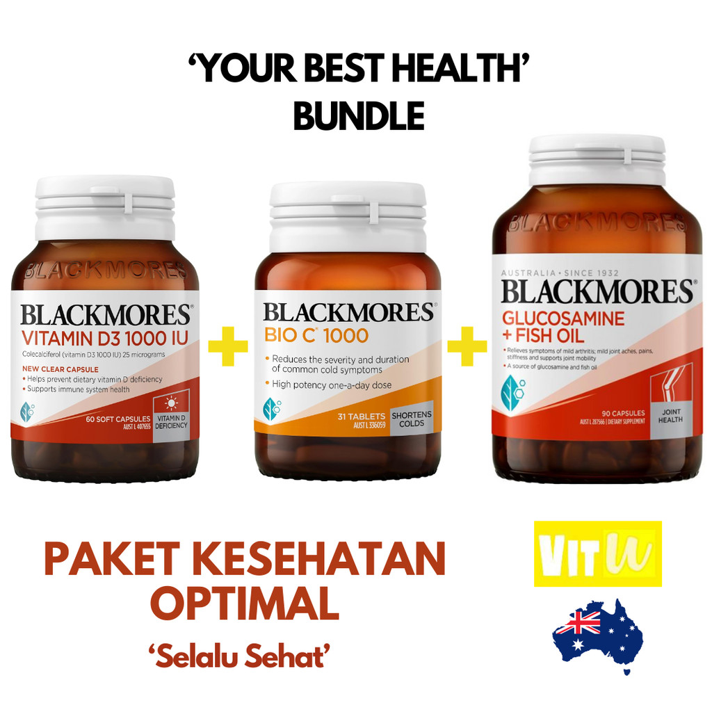 PAKET Kesehatan Optimal | Imunitas + Tulang + Sendi + Jantung (Blackmores Vitamin D3 1000IU 60 kapsu