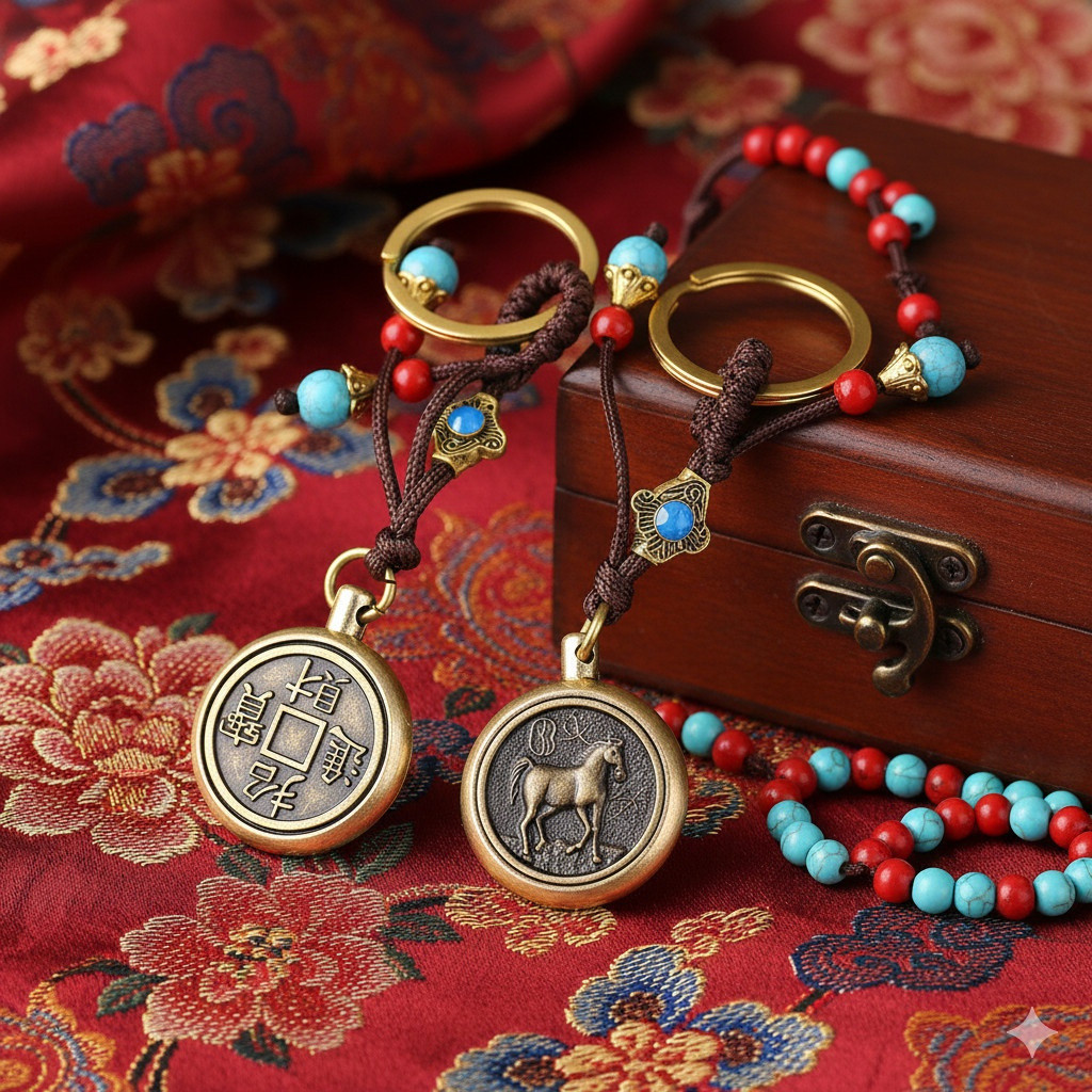 Gantungan Kunci Shio China Zodiak Tembaga - Edisi 12 Shio & Koin Keberuntungan Keychain Fengshui