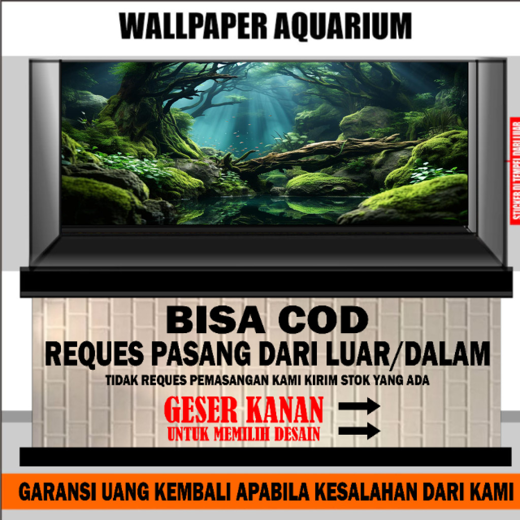 beground aquarium, background wallpaper aquarium belakang 3d, hiasan aquarium air terjun hutan
