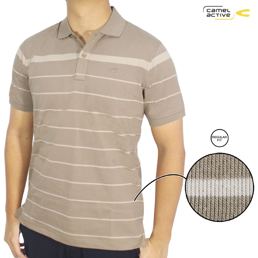 camel active Men's Brown Beige Stripe CVC Polo Shirt