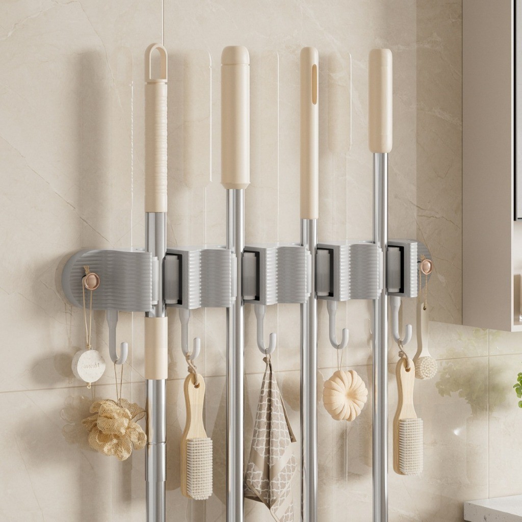 Newhome88 Penjepit Sapu Pel Panjang Gantungan Sapu Pel Dinding Serbaguna Mop Holder Multifungsi