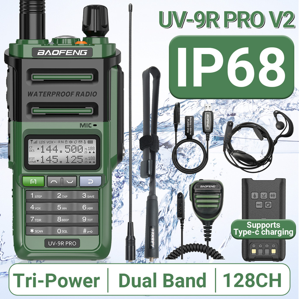 Baofeng UV-9R Pro V2 Walkie Talkie Waterproof IP68 Type-C Charger VHF/UHF Ham Rao 50KM Long Range Up