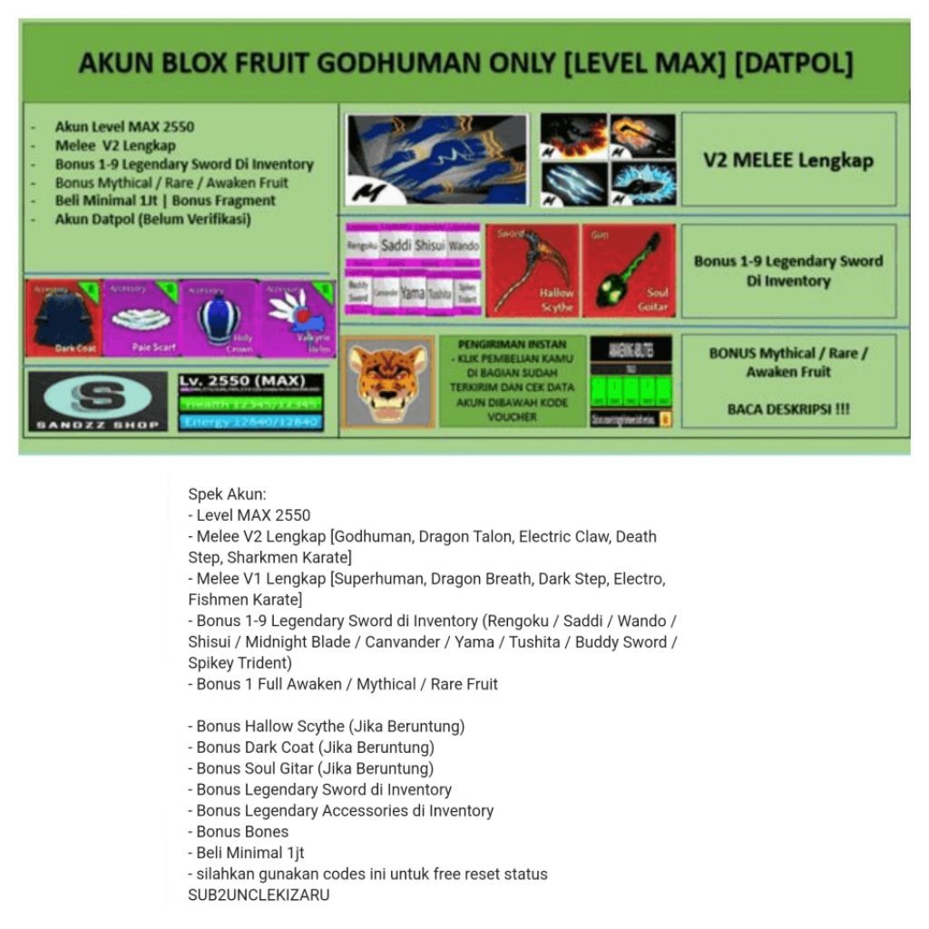 Akun Blox Fruit Starter Murah {Level Max 2800} (GodHuman)