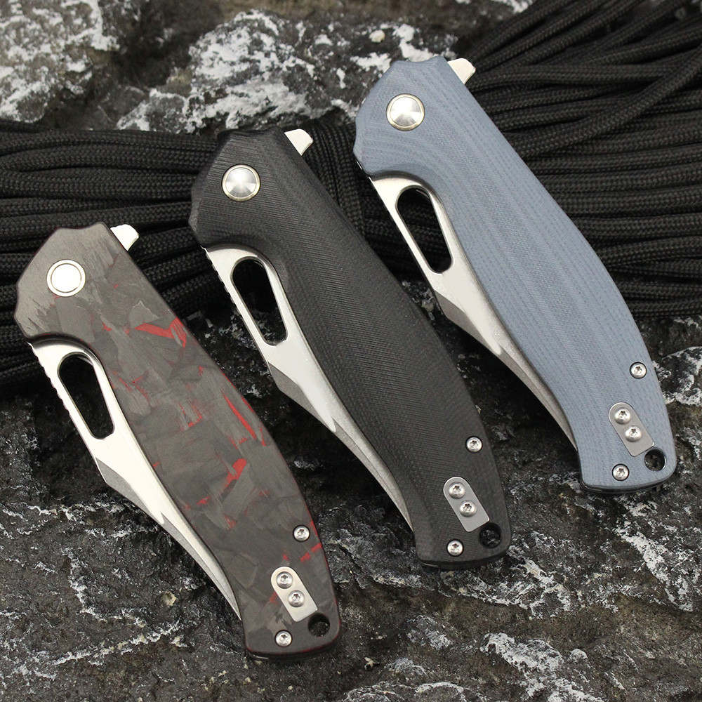 Pisau Lipat Bilah 14C28N Gagang G10/serat karbon untuk Berkemah Mendaki Gunung Taktis Survival EDC P