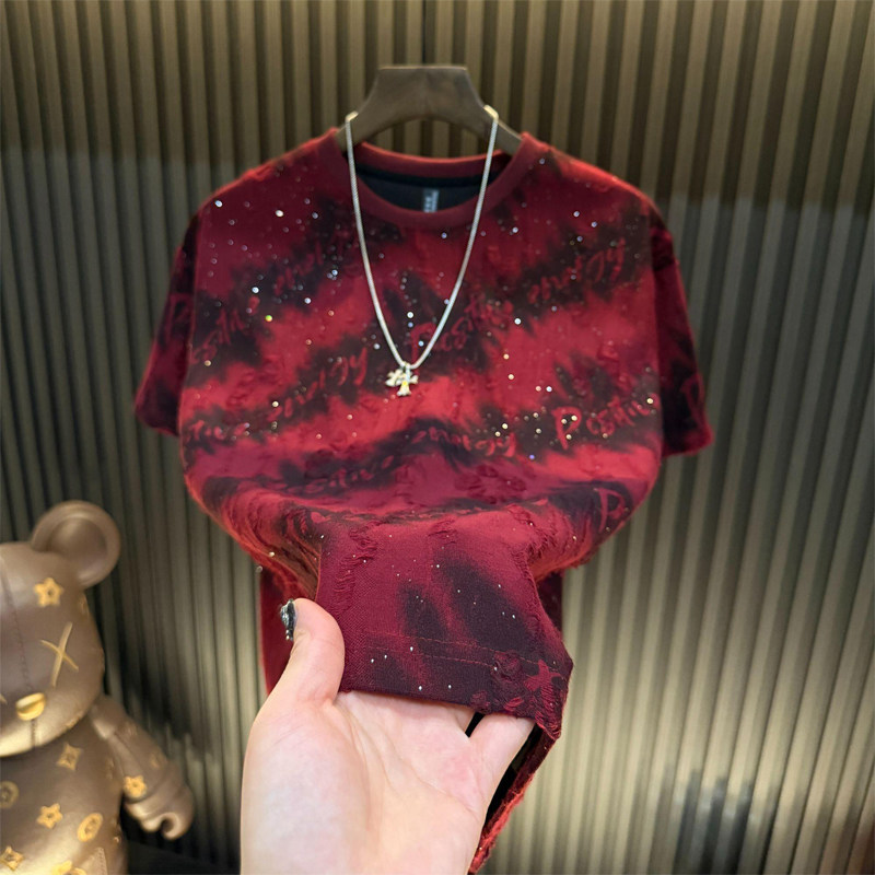 2026Lengan Pendek Baru T Kaos dengan hiasan batu permata, desain robek, kerah bulat, gaya kasual. T 