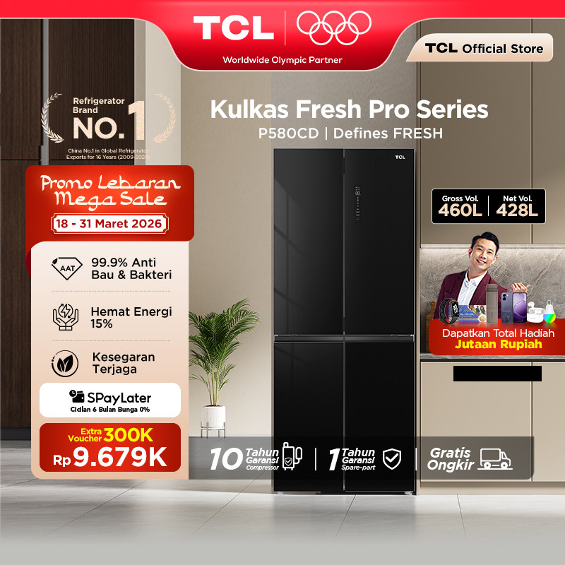 TCL Kulkas 4 Pintu - Kapasitas 460L - Bio Fresh - Wet and Dry Storage - Tanpa Bunga Es - Lemari Es -