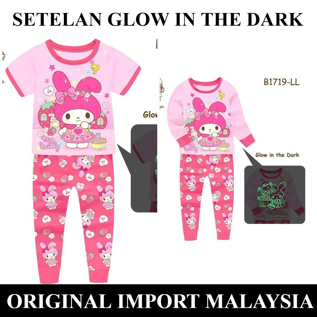 Setelan Set 2pcs piyama baju tidur lengan pendek celana panjang sanrio My Melody Glow in the Dark Sl