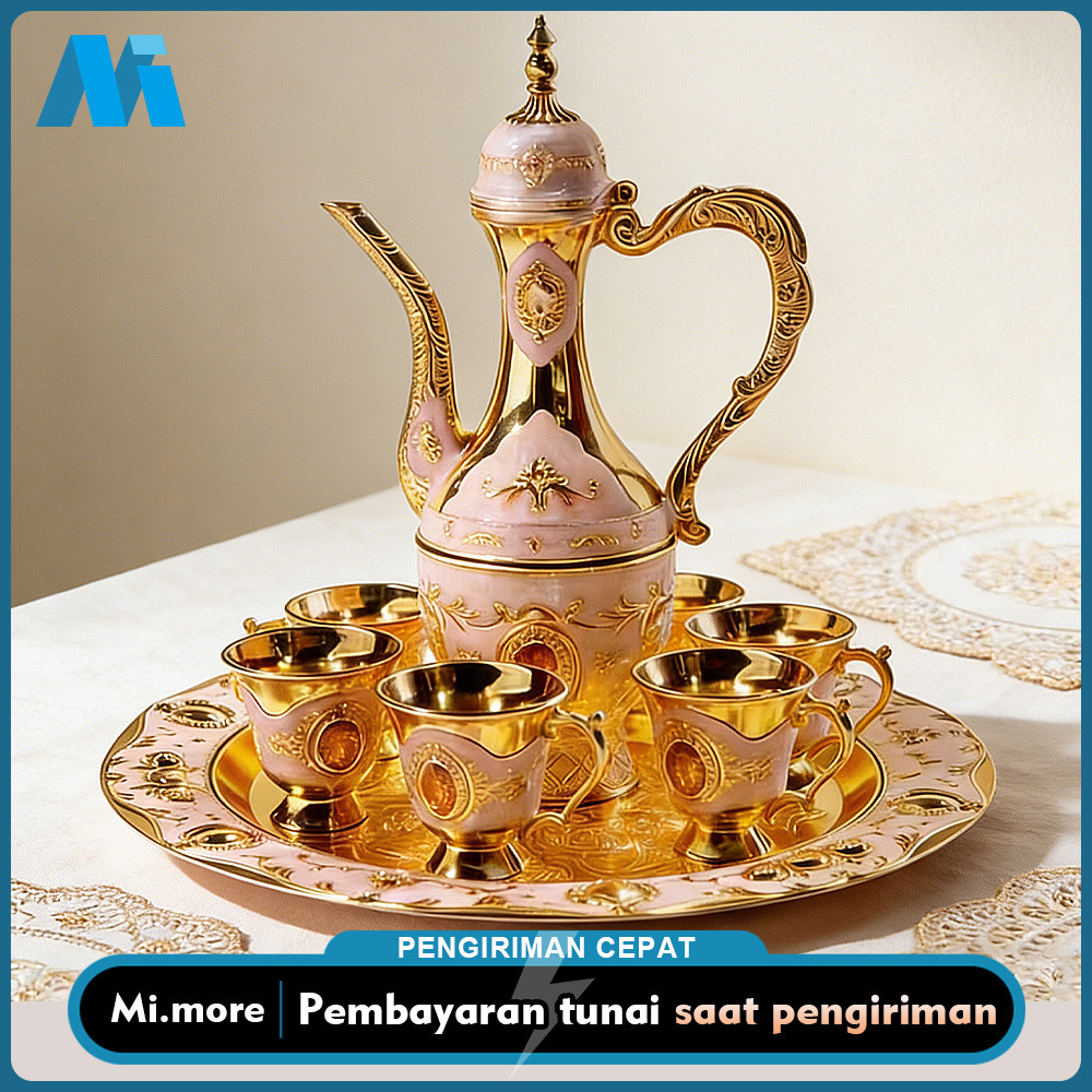 Mi.more Teko Arab Aladin Set 7 Gold Warna Emas Ornament/set Gelas Anggur Kendi  Hadiah Bergaya Retro
