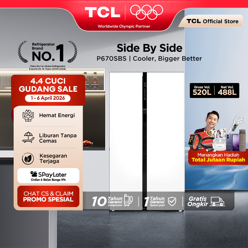 TCL Kulkas 2 Pintu Side by Side - Kapasitas 520L - Holiday Mode - Twin Eco Inverter - AAT Gen 2 Natu