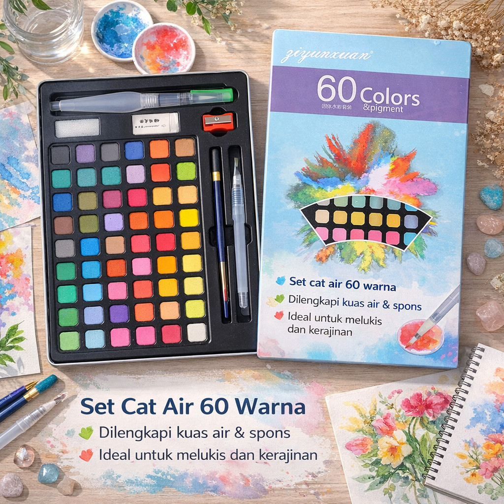 Cat Air Watercolor 60 Warna – High Pigment – Free Kuas – Set Cat Lukis Padat/cat air warna lengkap