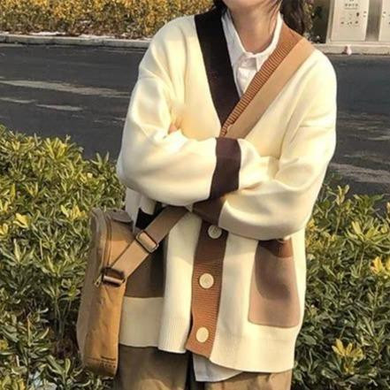 Jaket bergaris lengan panjang kardigan rajutan tambal sulam bordir ala Korea