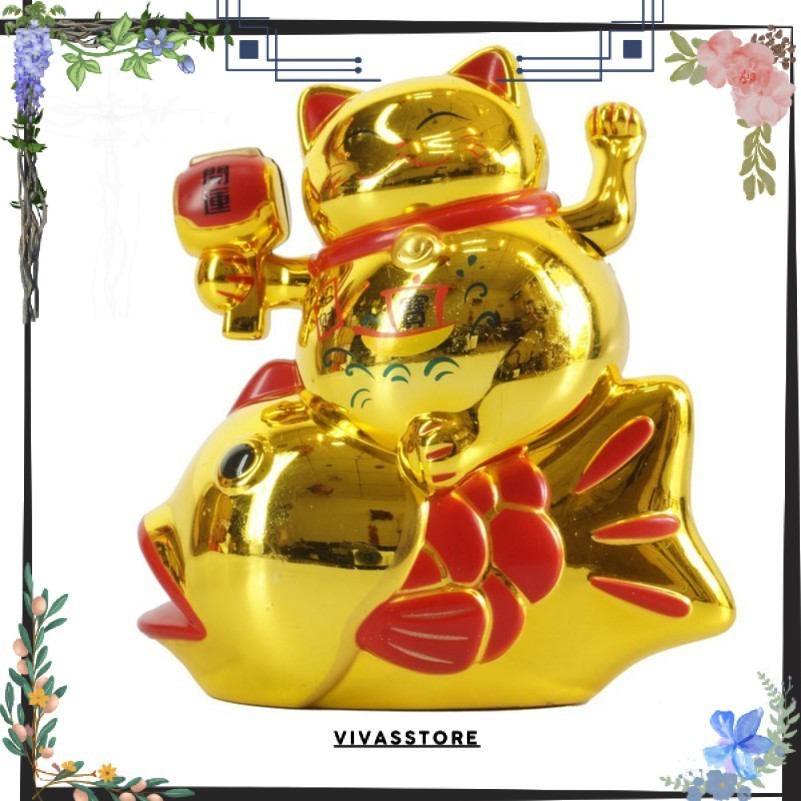 Terbaru Patung Kucing Ikan Maneki Neko 16 Cm Besar Emas Merah Beruntung Lucky Cat CRY COD
