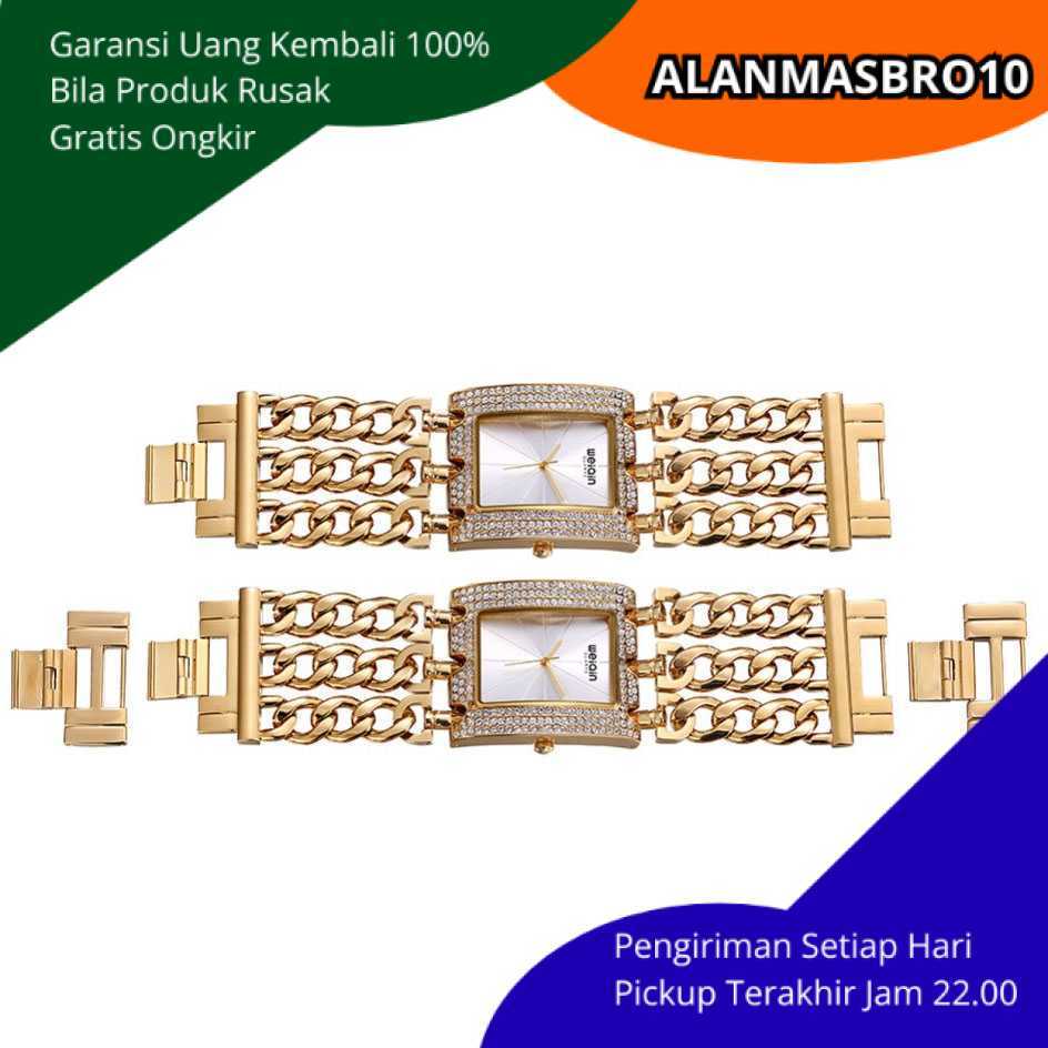 Jam Tangan Wanita Analog Stainless Steel Warna Emas Rantai Gelang Elegan Shiny Permata Desain Trendy