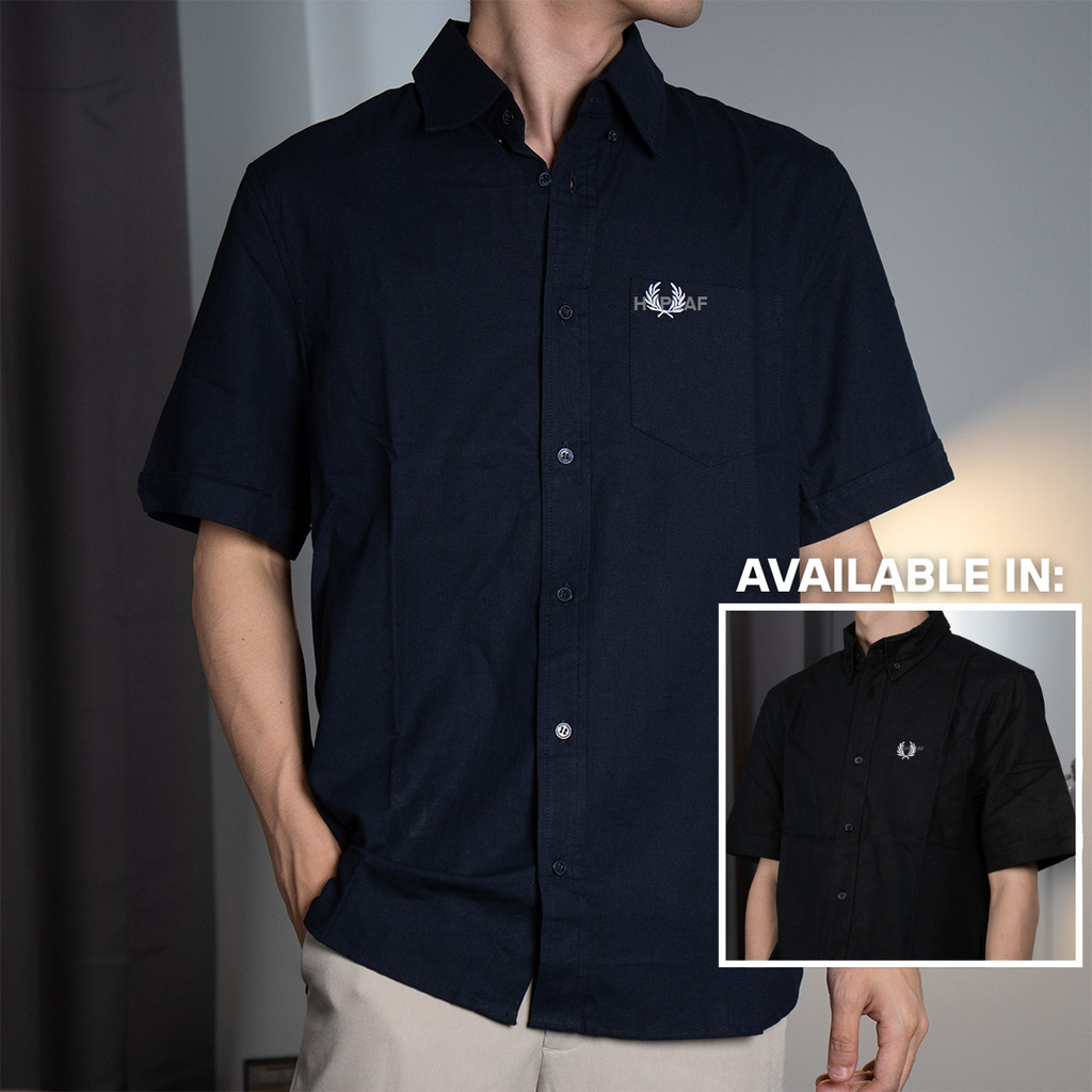 FRED PERRY Black Navy Short Sleeve Shirt Kemeja Lengan Pendek Original