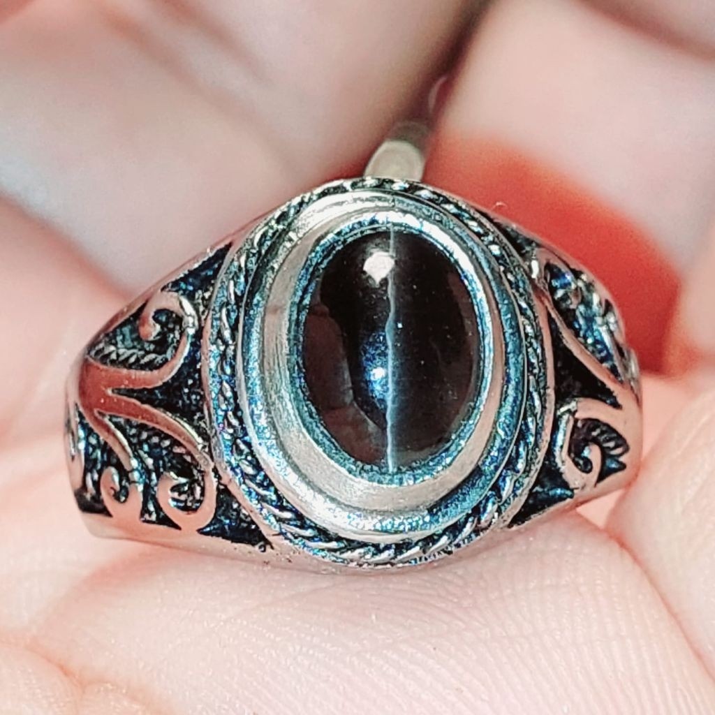 Cincin batu cat eye Natural asli Srilangka ring Alpaka super mewah / rindu akik