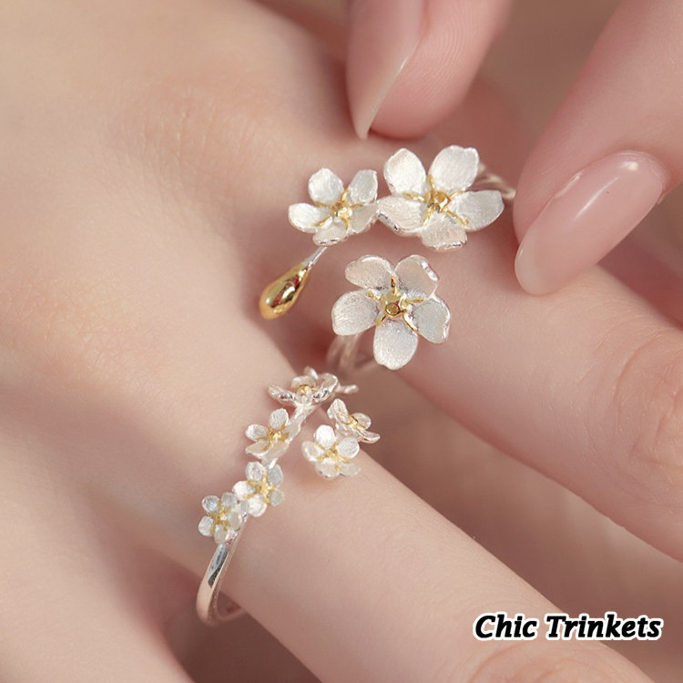 [Chic Trinkets]Cincin Bunga Dimensi Bunga Perak Bunga Prancis Vintage Cincin Terbuka Berlebihan Y163