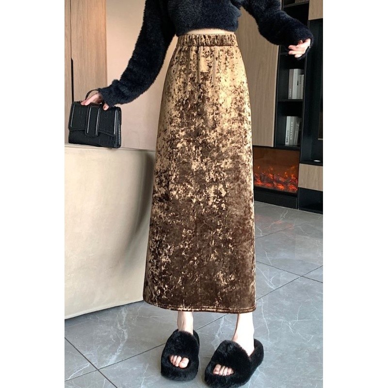 Beludru Retro Rok Midi Menyusut Tebal Panjang