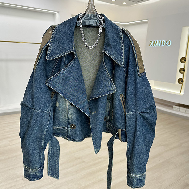 Vintage Distressed Patchwork Leather Denim Short Jacket for Women, Unique Design, Casual Loose Top