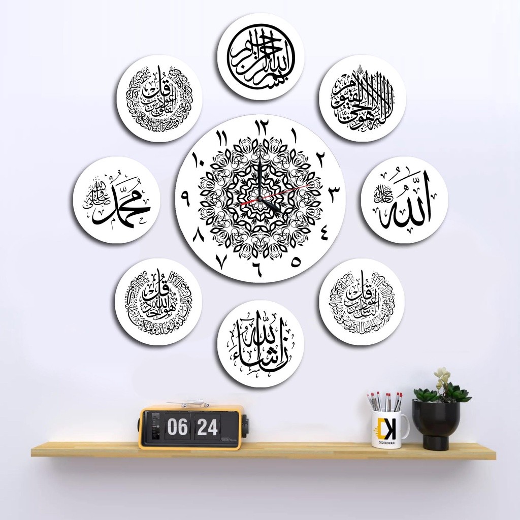 Jam Dinding Kayu Bulat Jumbo 1 Set Kaligrafi Zelashop20