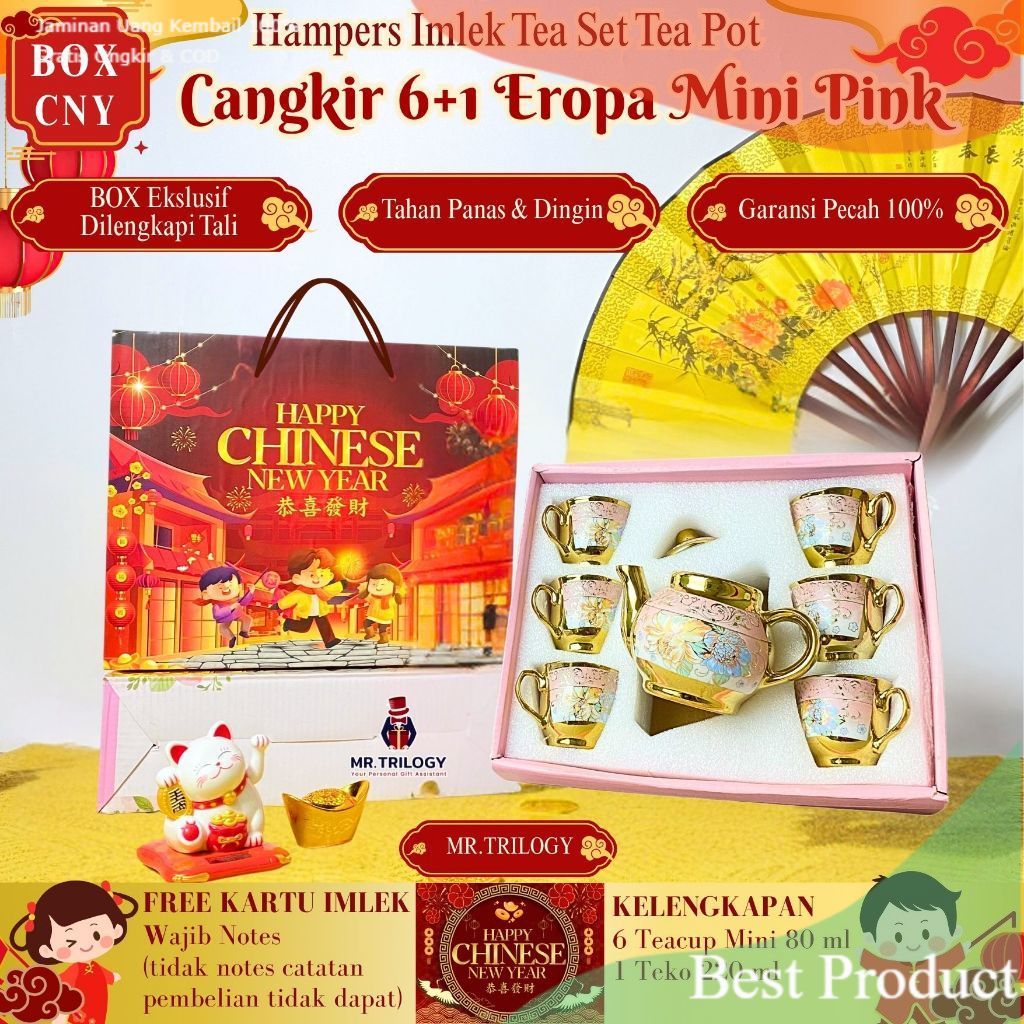 Cangkir Teko Pot Set Keramik 7in1 Hampers Souvenir Mewah Gelas Teh/ Ungu Lavender Pink Rose
