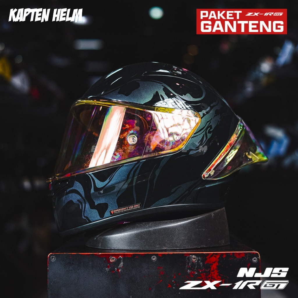 KAPTEN Helm NJS ZX-1R GT MOTIF PAKET GANTENG CLEAR IRIDIUM Helm Full Face SNI