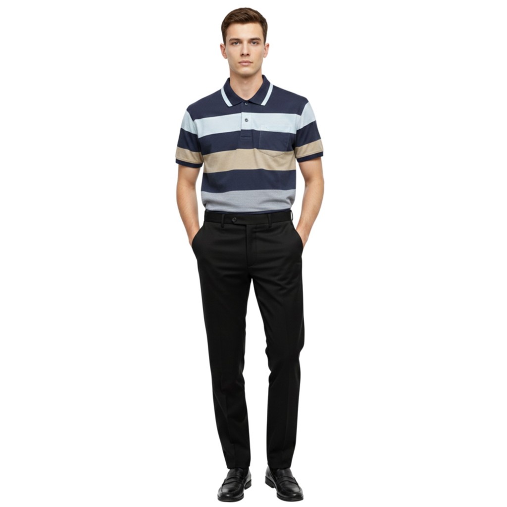 Baverre by Hassenda - Abner Kaos Polo Pria Motif Salur Garis Stripe Lengan Pendek Biru Navy VPA81181