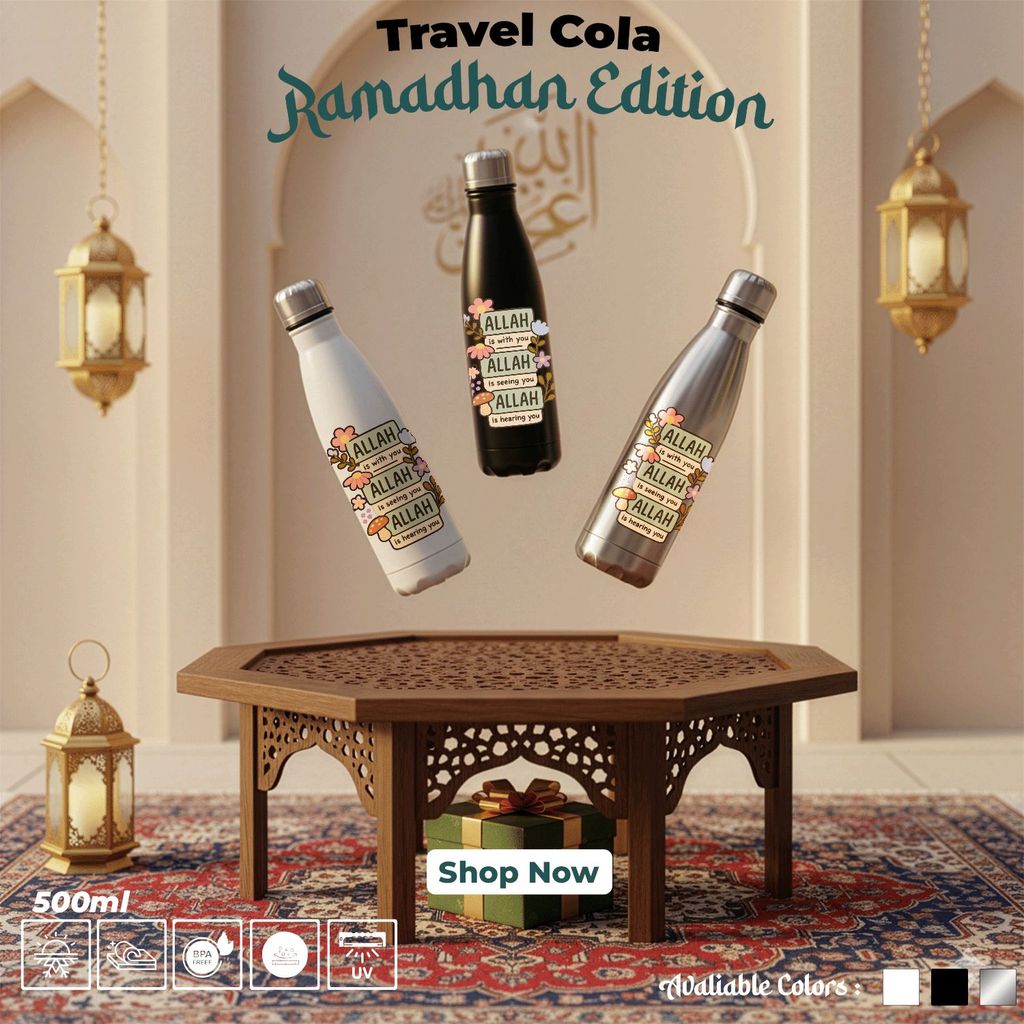Botol Travel Cola Edisi Ramadhan Stainless Steel 304 Kapasitas 500ml Desain Floral dan Label ALLAH C