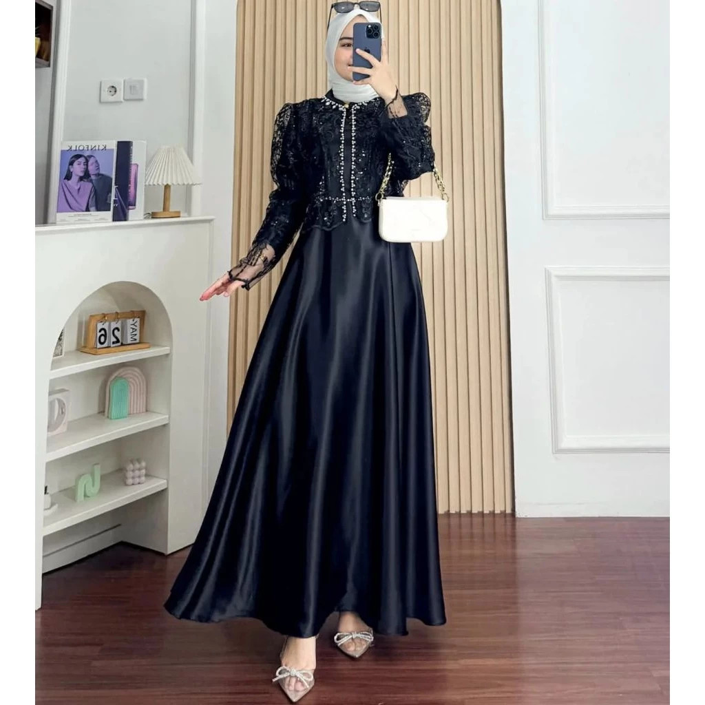 Gamis Pesta Mewa Elegan Sakura Maxy BO Bahan Silk Premium Mix brukat Aplikasi Payet Mutiara LD 100-1