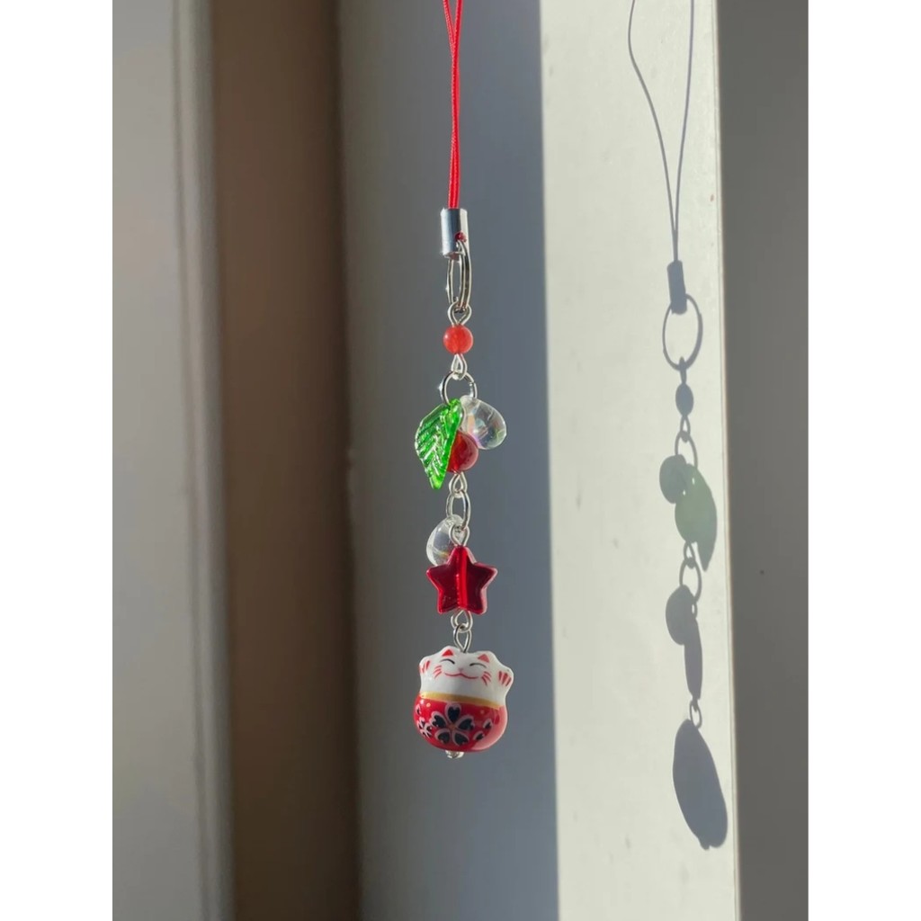 Handmade red lucky cat phone charm | phone accessories | cat charm | leaf charm  beaded phone charm