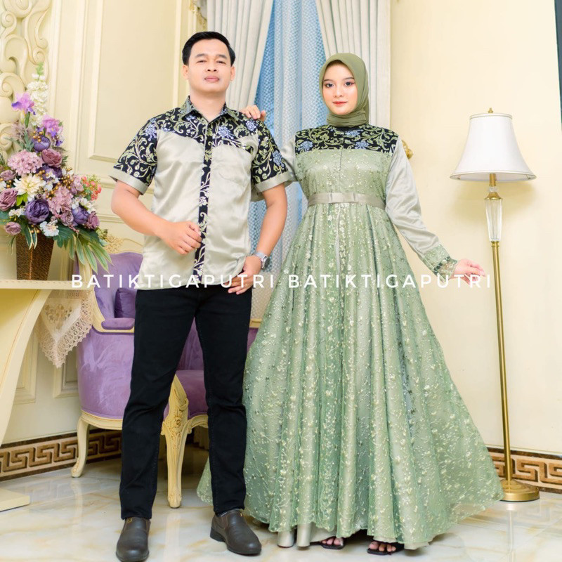 Baju Lebaran Couple Gamis Kondangan Set Gamis Mutiara Brokat gamis couple pasangan terbaru gamis kon