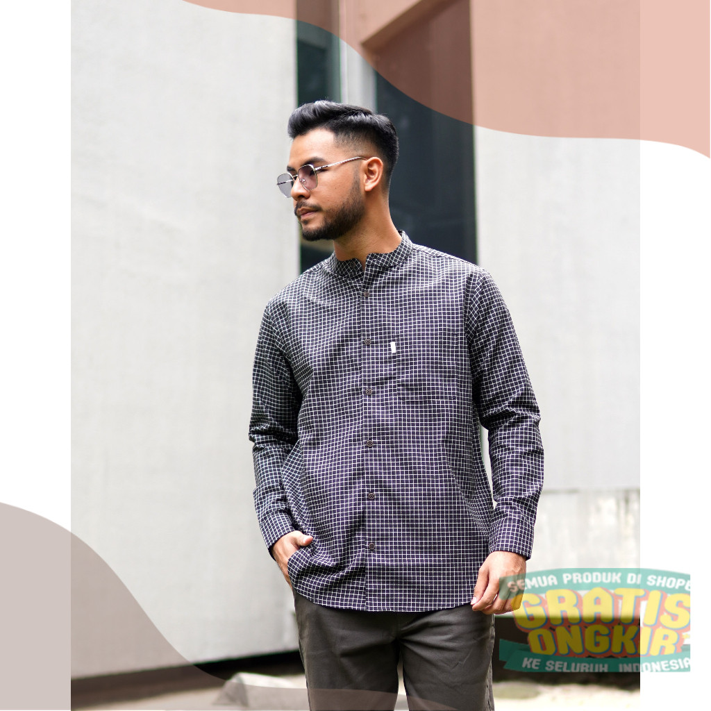 ANCSTR Kemeja Shanghai Motif Kotak Pria Lengan Panjang Oxford - Square Linepakaian pria lainnya