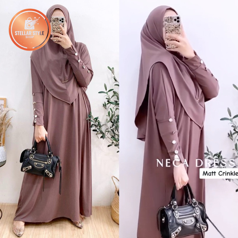 StellarStyle- NECA DRESS ABAYA FREE HIJAB ONESET GAMIS UMROH SETELAN GAMIS BATWING KANCING JAMUR INA