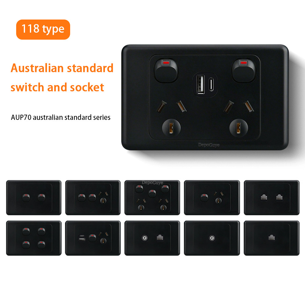 Black Australian Standard USB C Wall Dual Socket with 1/2/3Gang Swit,AU Plug Adapter Mobile Phone ar