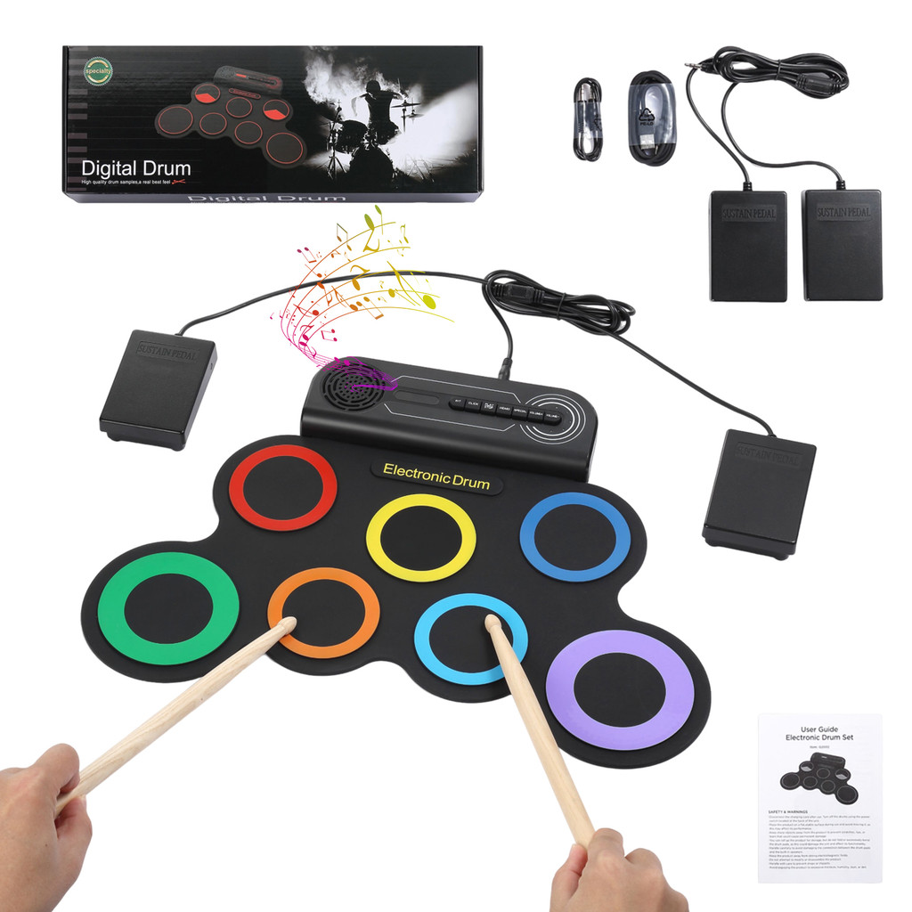 Portable Electric Drum Set Pad Kit 7Pad Electric Drum Kit with Built-in Speaker Roll-up Drum Pad for