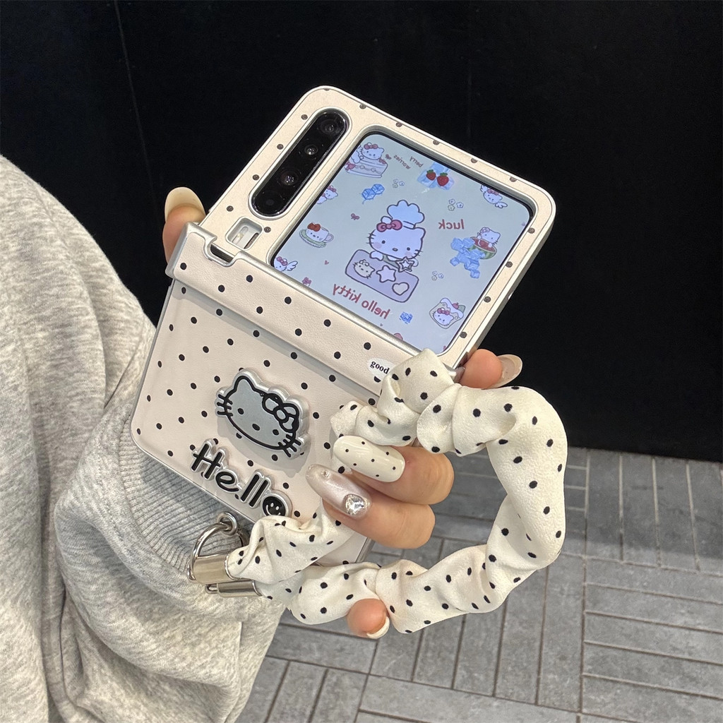 Casing Samsung Galaxy Z Flip7 Kulit Lucu Kartun Polkadot Kitty dengan Rantai Panjang Flip6 Samsung Z