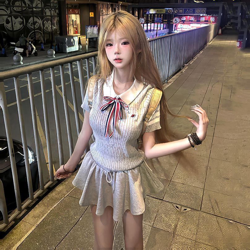 MYCASSI Set Wanita Preppy Style Atasan Rajut Lengan Pendek Pita Rok Mini Pakaian Wanita