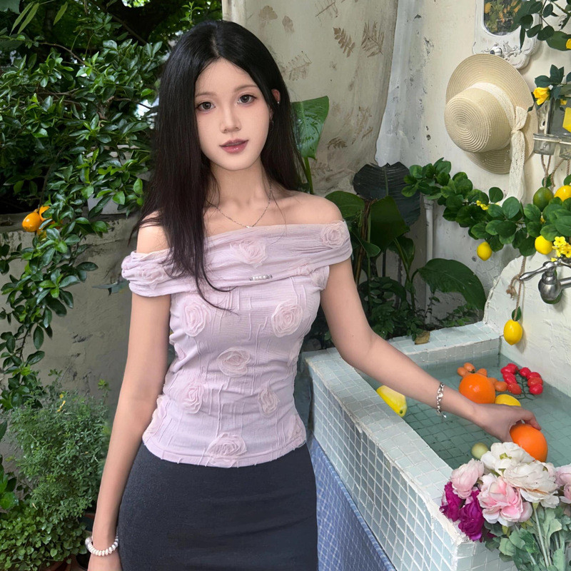 [Pakaian Ratu] Bunga tiga dimensi dari bahu kemeja lengan pendek desain wanita terasa pinggang bahu