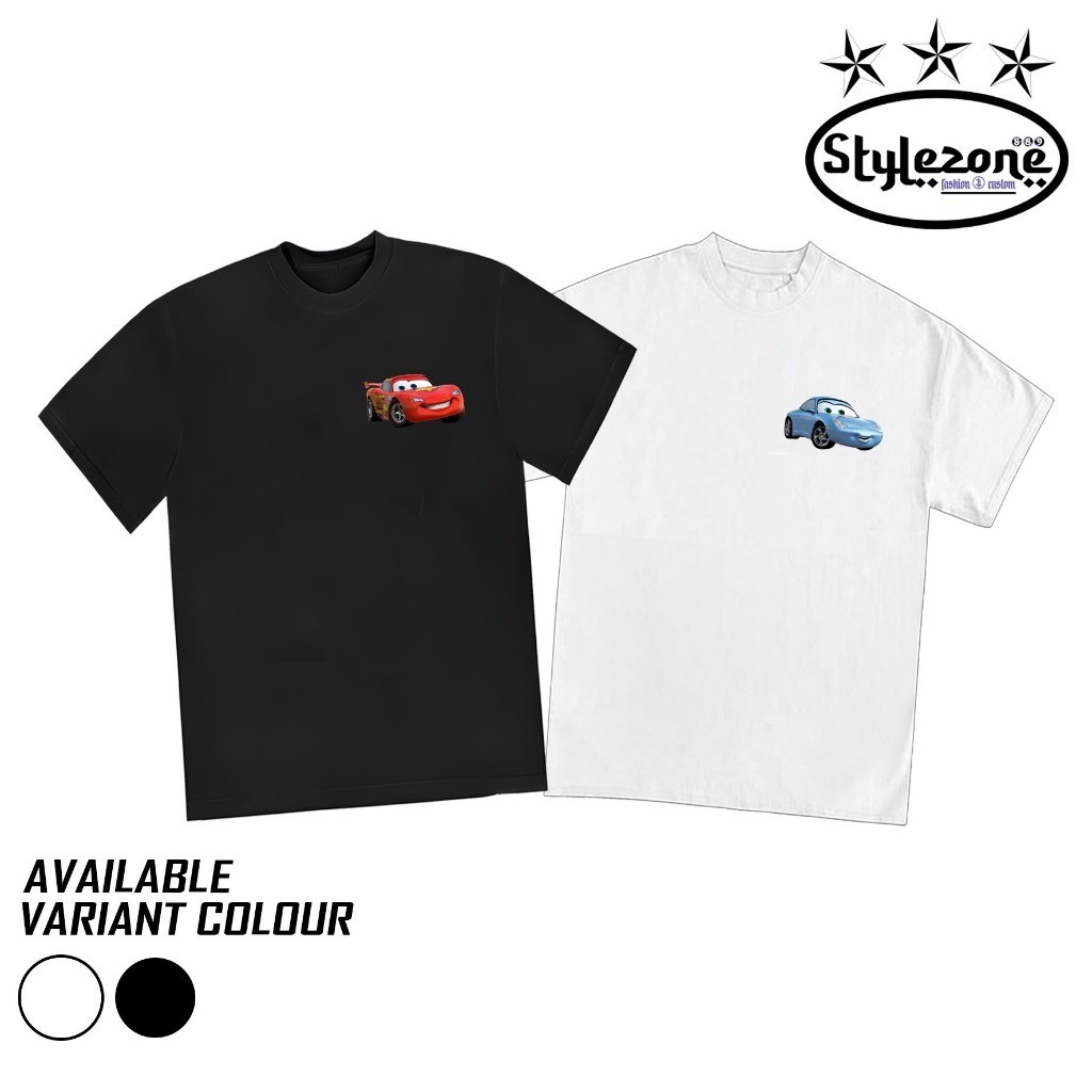 Kaos Couple Cars Lighting Mcqueen & Sally Embroidery - Kaos Couple Pasangan Pria & Wanita Combed