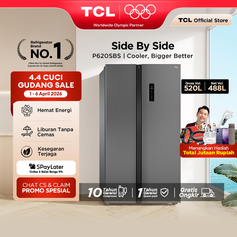 TCL Kulkas 2 Pintu Side by Side - Kapasitas 520L - Holiday Mode - Twin Eco Inverter - AAT Gen 2 Natu
