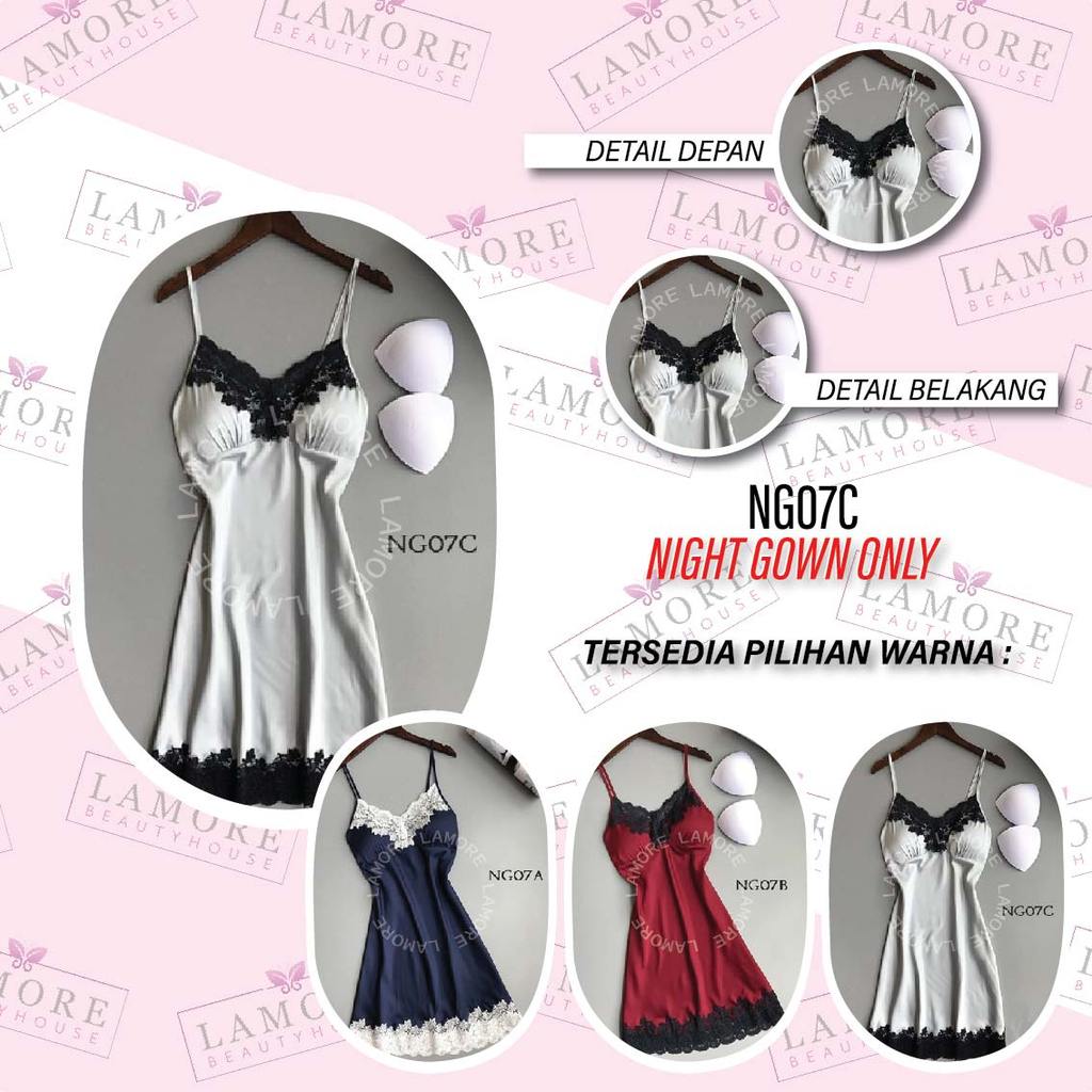 Baju Tidur Wanita Gaun Tidur Lingerie Sleepwear Premium Satin Putih NG07C