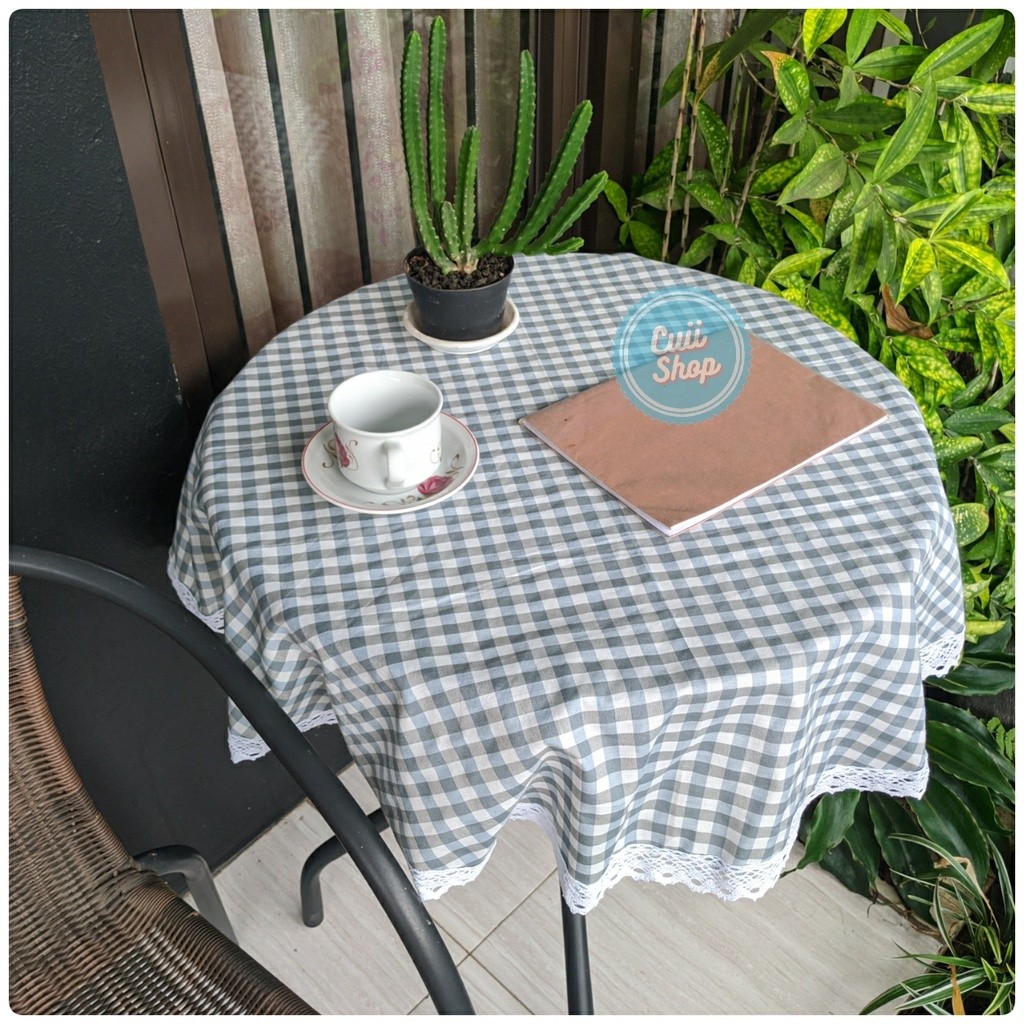 Taplak MEJA BULAT Keliling RENDA Rajut Estetik Kekinian Motif Kain Kotak-Kotak Gingham Ala Korea Cui