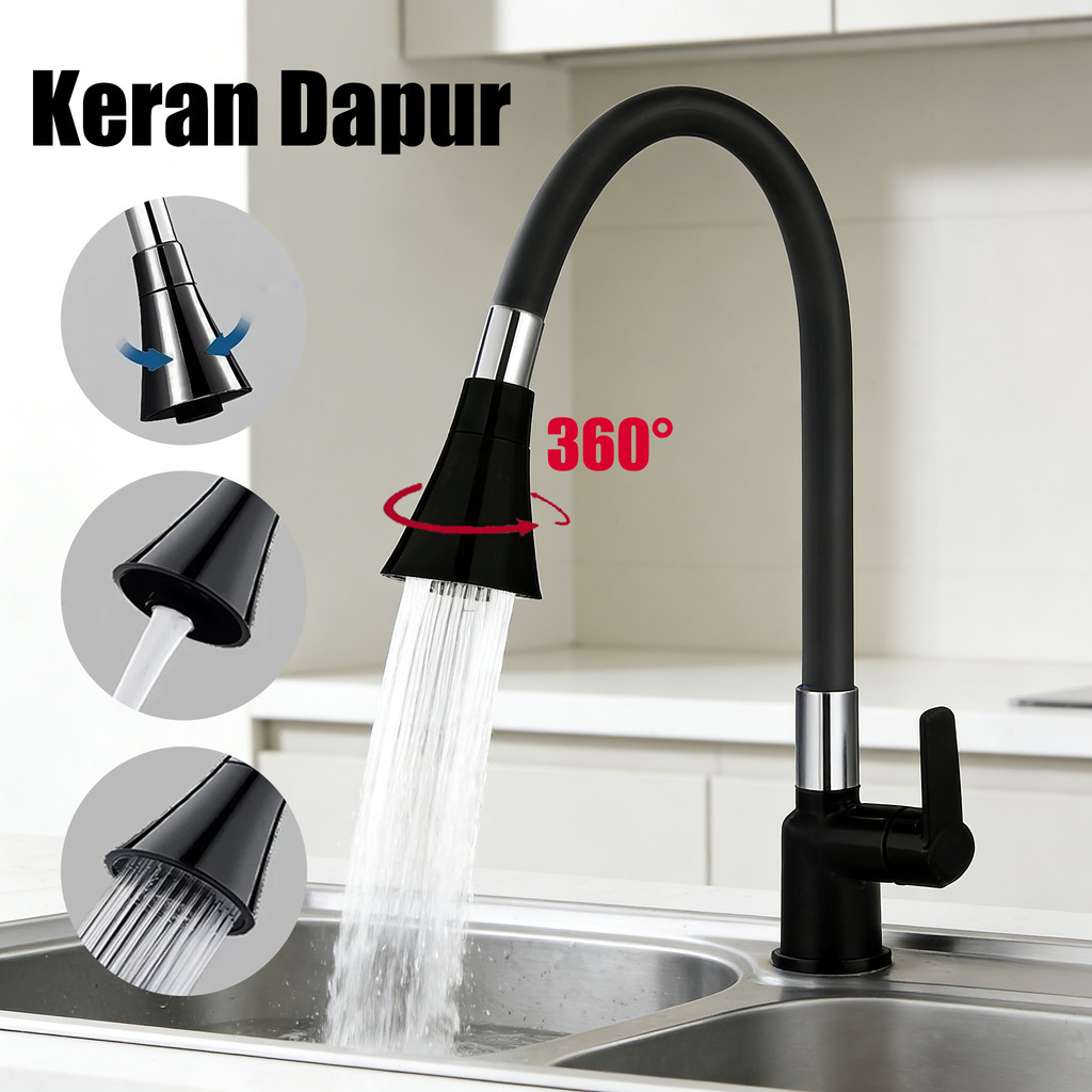 Sus304 Kran Angsa Fleksibel Kran Cuci Piring Hitam Kran Cuci Piring Dinding Anti Karat Penyesuaian A