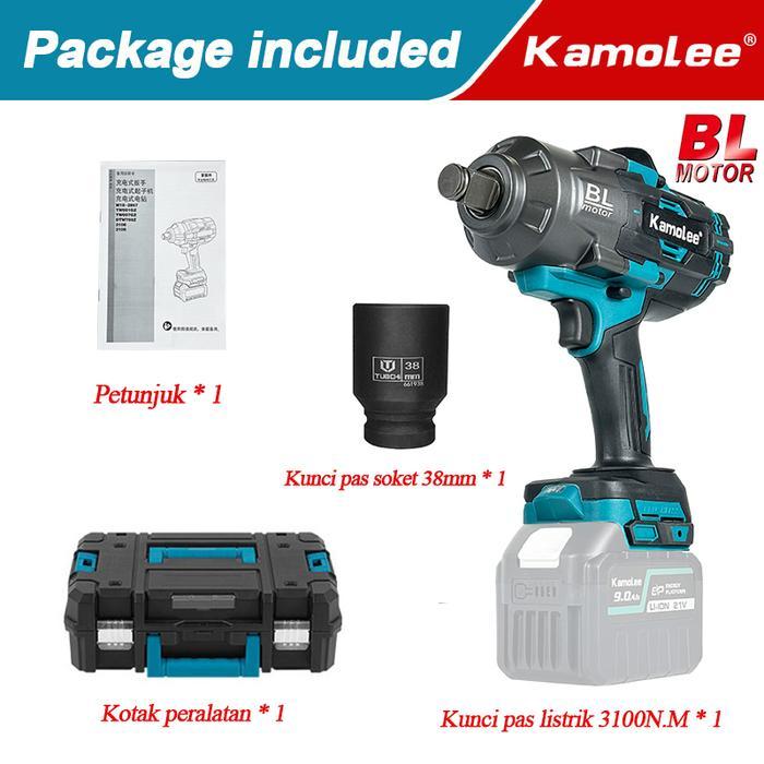 Kamolee 3/4" 3100 N.m Torque Electric Impact Wrench [Kompatibel Dengan Baterai Makita/JLD] - 3100N.M