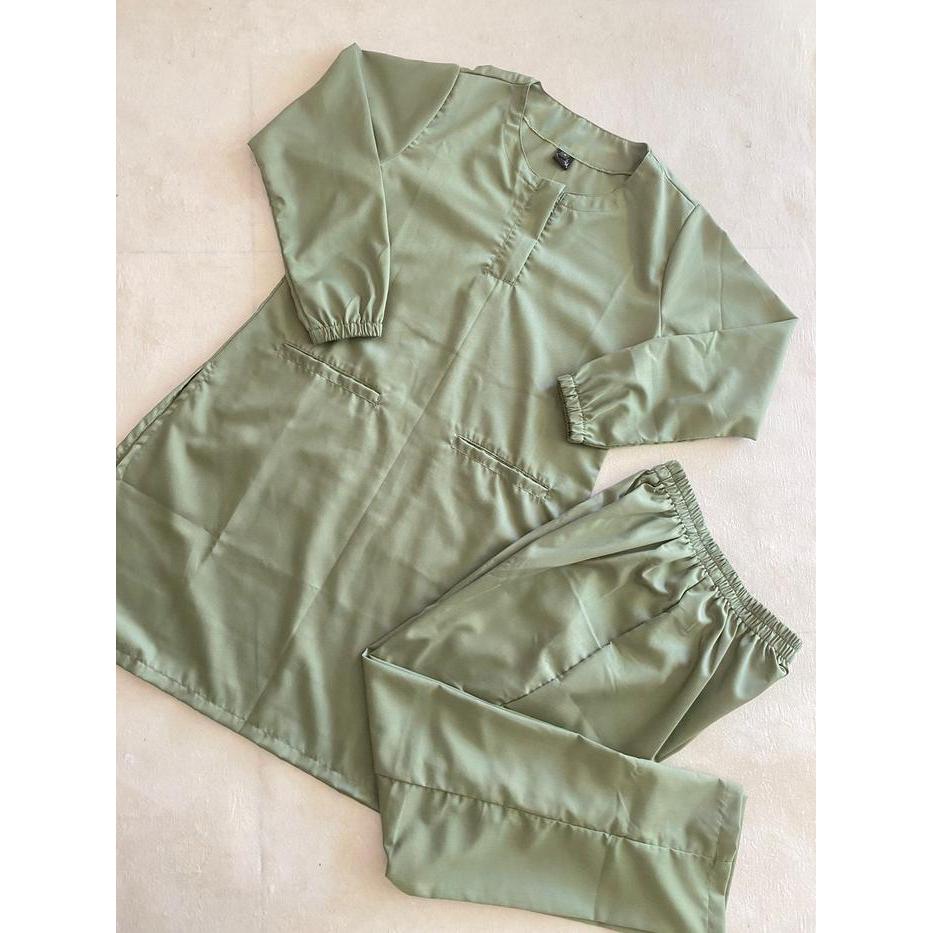 Baju Ok Oka Tunik Rok | Bahan Katun Toyobo Muslim Wanita One Set - Matcha, S